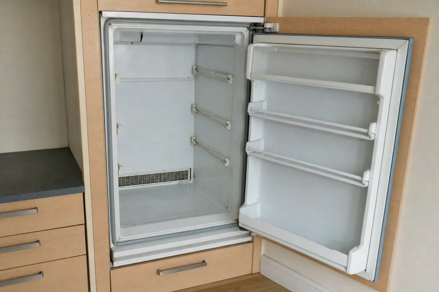 Built-in undercounter refrigerator standing open and empty with its shelves removed, set into light wood cabinetry.