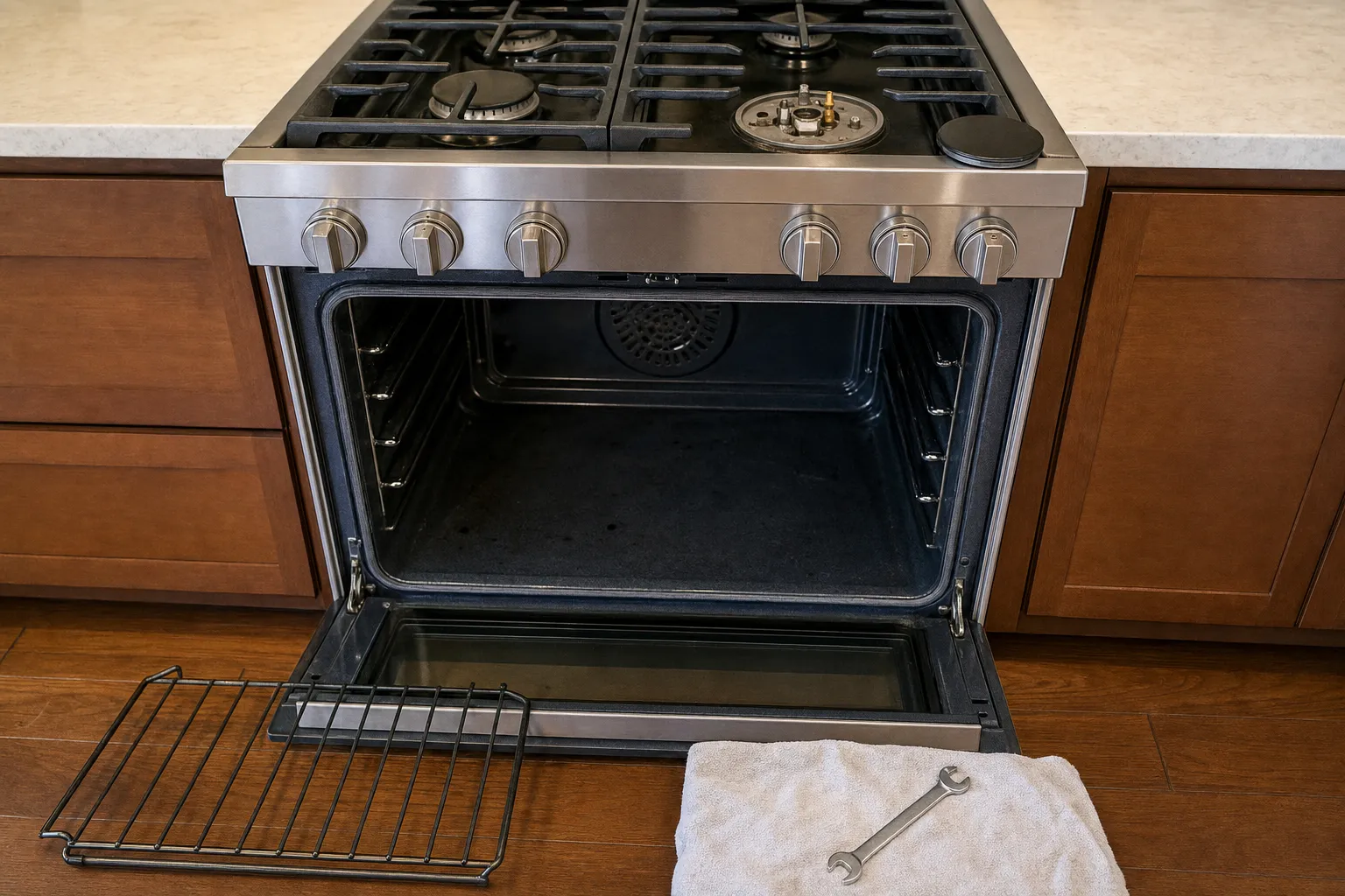 Pro-style gas range with the oven open on its convection cover, and an oven rack and wrench set on the floor.