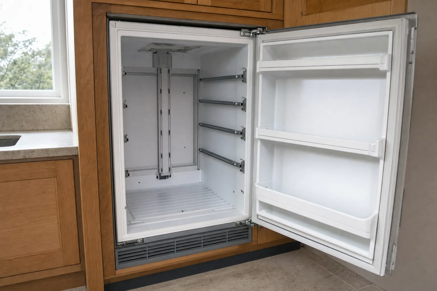 Built-in refrigerator in oak cabinetry beside a window, door open with empty door bins and the interior shelves taken out, leaving bare rails.